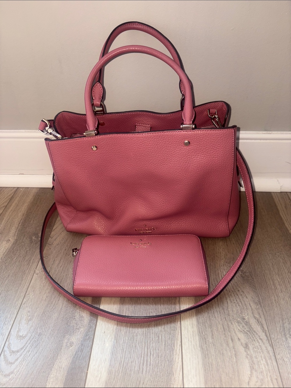 kate spade Rose deep Pink Pebbled Leather Satchel/crossbody with Wallet